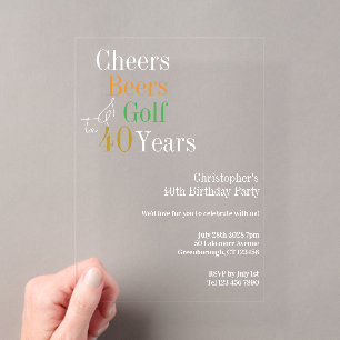 Invitaciones Acrílicas Cumpleaños 40 Golf Cheers Cervezas Fiesta