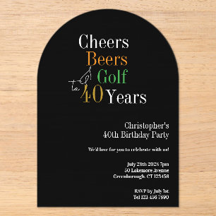 Invitaciones Acrílicas Cumpleaños 40 Golf Cheers Cervezas Fiesta Negro Or