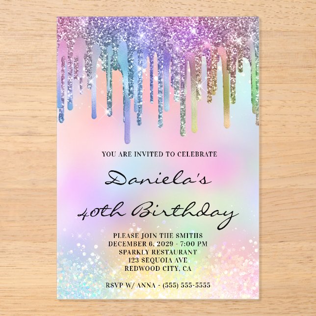 Invitaciones Acrílicas Cumpleaños 40 Holo Glitter Arcoíris (Anverso)