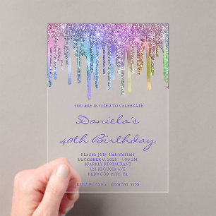 Invitaciones Acrílicas Cumpleaños 40 Holo Glitter Arcoíris