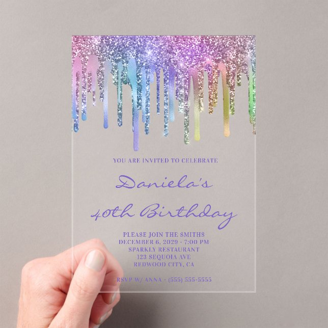 Invitaciones Acrílicas Cumpleaños 40 Holo Glitter Arcoíris (Insitu (portátil))