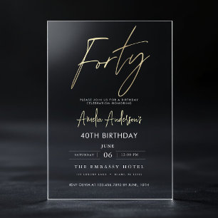 Invitaciones Acrílicas Cumpleaños 40 Minimalista Dorado Elegante Letra