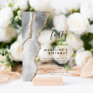 Invitaciones Acrílicas Cumpleaños 40 Minimalista Geoda de Ágata en Plata