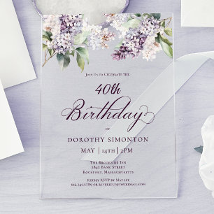 Invitaciones Acrílicas Cumpleaños 40 Purple Spring Flor de Lila