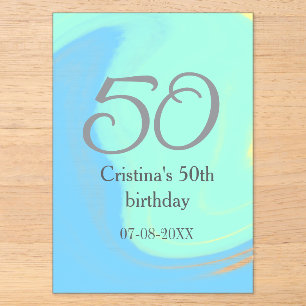Invitaciones Acrílicas Cumpleaños 50 azul verde gris agregar nombre fecha