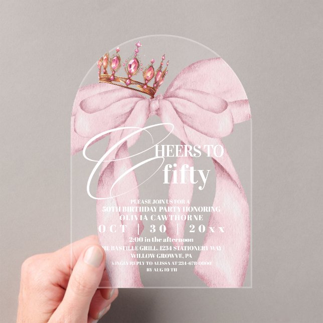 Invitaciones Acrílicas Cumpleaños 50 con lazo rosa (Insitu (portátil))