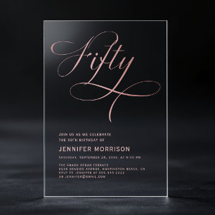 Invitaciones Acrílicas Cumpleaños 50 en Rosa Dorado y Negro