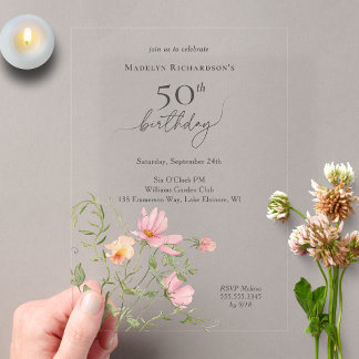 Invitaciones Acrílicas Cumpleaños 50 femenino acuarela flor silvestre
