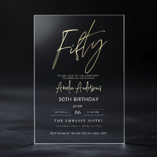 Invitaciones Acrílicas Cumpleaños 50 Minimalista Elegante con Letra Dorad