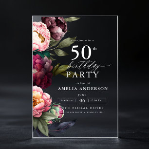 Invitaciones Acrílicas Cumpleaños 50 Moderno Malhumorado Floral Borgoña R