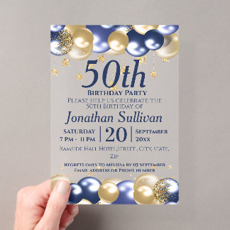 Invitaciones Acrílicas Cumpleaños 50 Navy Globos de Oro Fiesta
