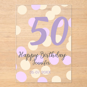 Invitaciones Acrílicas cumpleaños 50 nombre fecha púrpura naranja lunares