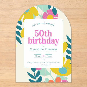 Invitaciones Acrílicas cumpleaños 50 precioso floral colorido moderno
