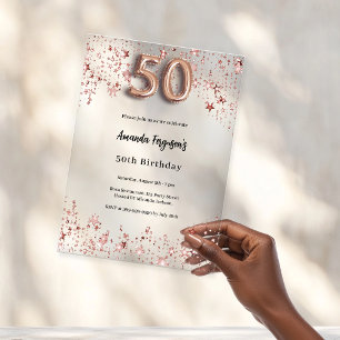 Invitaciones Acrílicas cumpleaños 50 rose gold estrellas claro fiesta