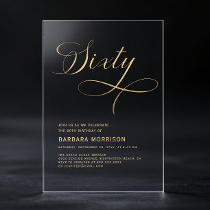 Invitaciones Acrílicas Cumpleaños 60 Elegant Script Sesenta Negro Oro