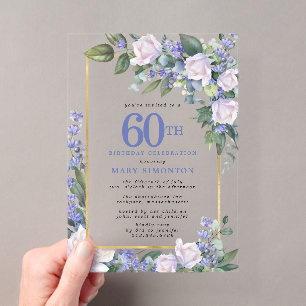 Invitaciones Acrílicas Cumpleaños 60 Floral Azul Blanco Dorado
