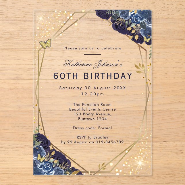 Invitaciones Acrílicas Cumpleaños 60 Formal Azul y Dorado (Anverso)