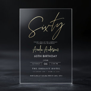Invitaciones Acrílicas Cumpleaños 60 Minimalista Dorado Elegante Letra
