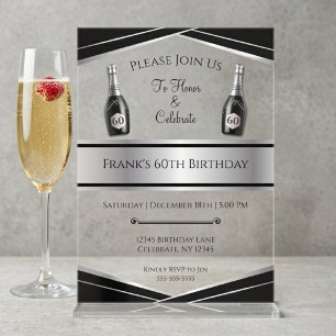 Invitaciones Acrílicas Cumpleaños 60 Moderno para Él en Negro y Plata