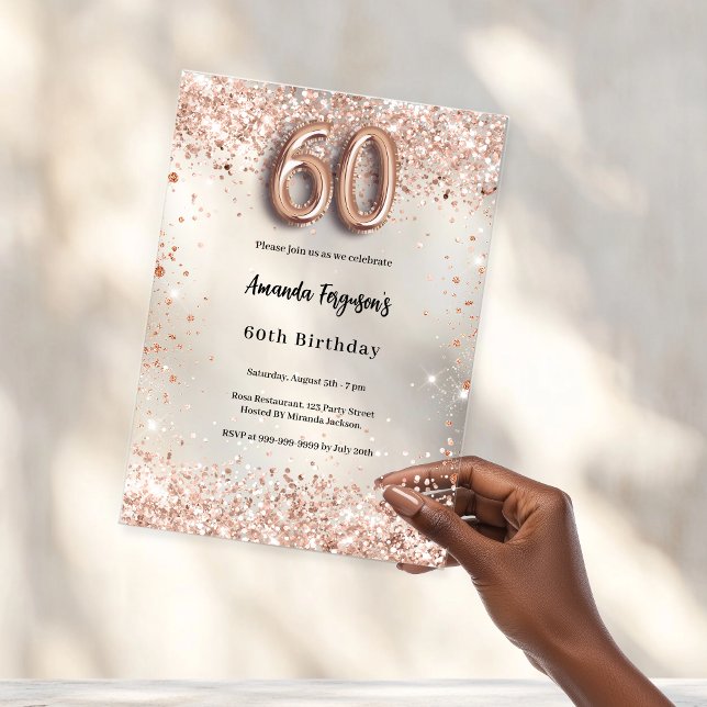 Invitaciones Acrílicas cumpleaños 60 rosa oro claro fiesta (Subido por el creador)
