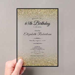 Invitaciones Acrílicas Cumpleaños 65 Elegante con Brillo Negro y Dorado