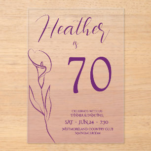 Invitaciones Acrílicas Cumpleaños 70 de Floral Lily Ciruela Elegante