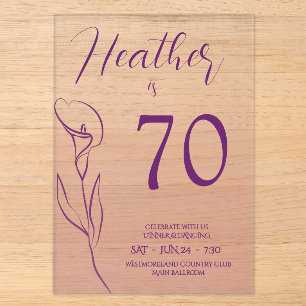 Invitaciones Acrílicas Cumpleaños 70 Elegante Flor de Ciruelo