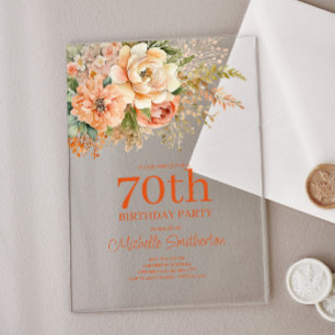 Invitaciones Acrílicas Cumpleaños 70 Elegante Floral Crema de Melocotón
