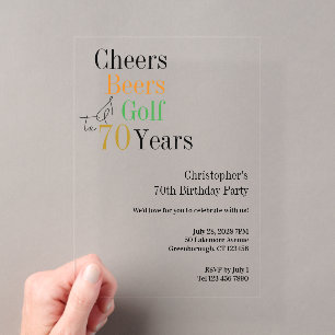 Invitaciones Acrílicas Cumpleaños 70 Golf Cheers Cervezas Fiesta Mínima