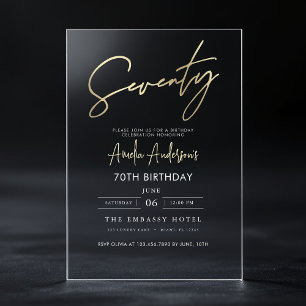 Invitaciones Acrílicas Cumpleaños 70 Minimalista Dorado Elegante Letra