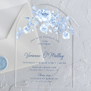 Invitaciones Acrílicas Cumpleaños 75 Arco floral de rosa azul polvoriento