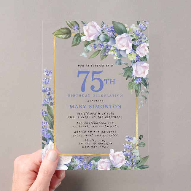 Invitaciones Acrílicas Cumpleaños 75 Azul Blanco Dorado Floral (Insitu (portátil))