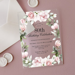 Invitaciones Acrílicas Cumpleaños 80 con Rosas Rosadas Femeninas