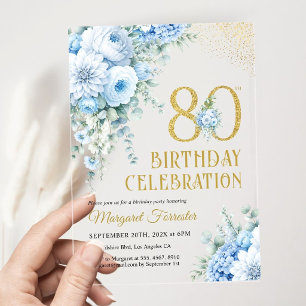 Invitaciones Acrílicas Cumpleaños 80 Feminino Polvo Azul Dorado Brillante