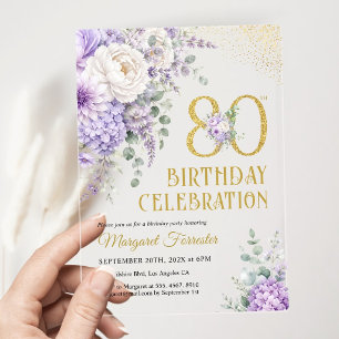 Invitaciones Acrílicas Cumpleaños 80 Feminino Polvo Purpura Dorado Brilla