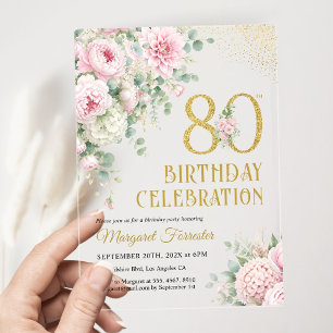 Invitaciones Acrílicas Cumpleaños 80 Feminino Rosa Dorado Elegante