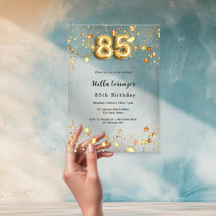 Invitaciones Acrílicas cumpleaños 85 dorado estrellas rosadas transparent