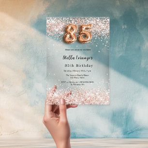 Invitaciones Acrílicas cumpleaños 85 rosa oro confeti claro