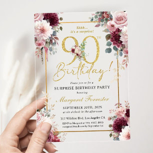 Invitaciones Acrílicas Cumpleaños 90 Burdeos Flores Rosa Dorado Brillante