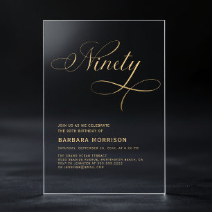 Invitaciones Acrílicas Cumpleaños 90 Elegant Script Ninety Negro Oro