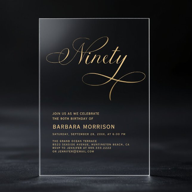Invitaciones Acrílicas Cumpleaños 90 Elegant Script Ninety Negro Oro (Subido por el creador)