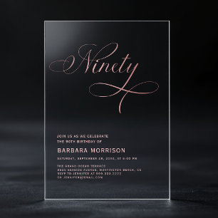 Invitaciones Acrílicas Cumpleaños 90 Elegant Script Rosa Dorado