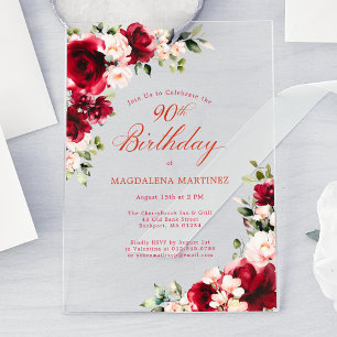 Invitaciones Acrílicas Cumpleaños 90 Rosas Rojas Flor de Peonía Rosa