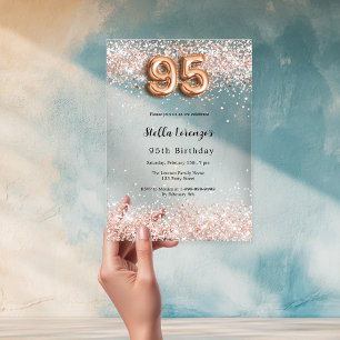 Invitaciones Acrílicas cumpleaños 95 rosa oro confeti claro
