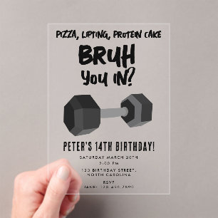 Invitaciones Acrílicas Cumpleaños adolescente chicos Bruh Dumbbell