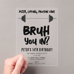 Invitaciones Acrílicas Cumpleaños Adolescente Chicos Bruh Mancuerna