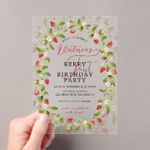 INVITACIONES ACRÍLICAS CUMPLEAÑOS BEBÉ DULCE FRESAS SILVESTRES