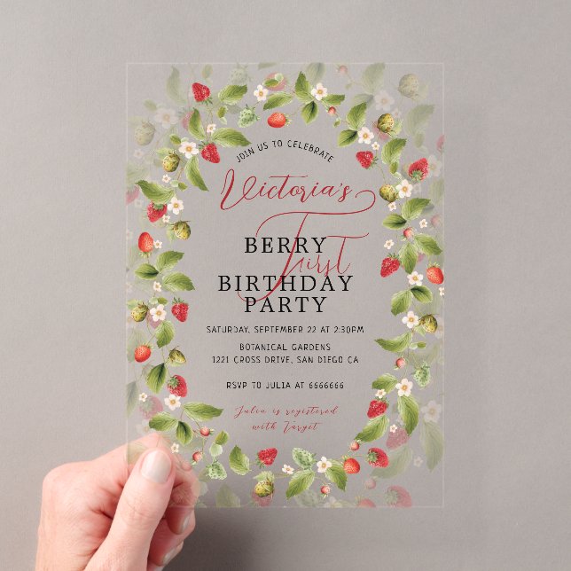 INVITACIONES ACRÍLICAS CUMPLEAÑOS BEBÉ DULCE FRESAS SILVESTRES (Insitu (portátil))