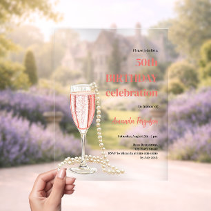 Invitaciones Acrílicas Cumpleaños blanco prosecco rosado perlas claro