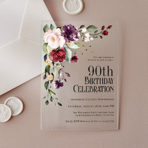 Invitaciones Acrílicas Cumpleaños boho rojo rubor rosa y púrpura 90